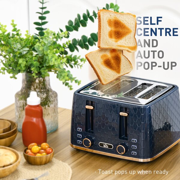 HOMCOM Kettle and Toaster Set, 1.7L Fast Boil 3000W Jug Kettle with 4 Slice Toaster, 7 Browning Levels, Blue Aosom UK