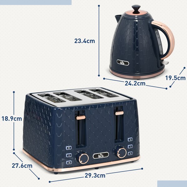 HOMCOM Kettle and Toaster Set, 1.7L Fast Boil 3000W Jug Kettle with 4 Slice Toaster, 7 Browning Levels, Blue Aosom UK