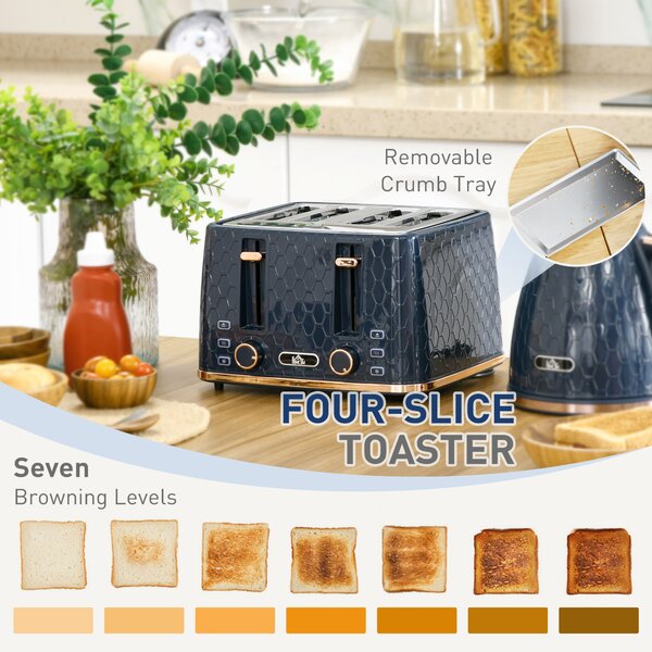 HOMCOM Kettle and Toaster Set, 1.7L Fast Boil 3000W Jug Kettle with 4 Slice Toaster, 7 Browning Levels, Blue Aosom UK