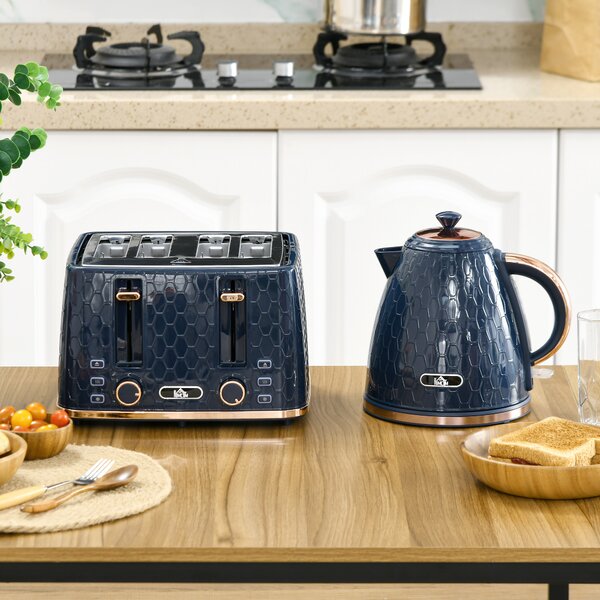 HOMCOM Kettle and Toaster Set, 1.7L Fast Boil 3000W Jug Kettle with 4 Slice Toaster, 7 Browning Levels, Blue Aosom UK