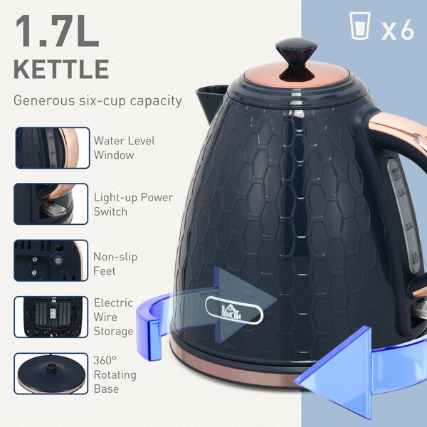 HOMCOM Kettle and Toaster Set, 1.7L Fast Boil 3000W Jug Kettle with 4 Slice Toaster, 7 Browning Levels, Blue Aosom UK