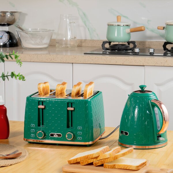 HOMCOM Kettle and Toaster Set, 1.7L 3000W Fast Boil Jug Kettle with 4 Slice Toaster with 7 Level Browning Controls & Crumb Tray, Green Aosom UK