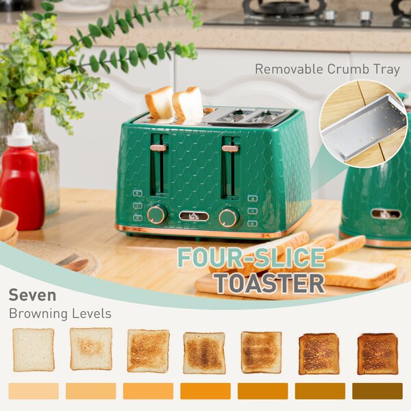 HOMCOM Kettle and Toaster Set, 1.7L 3000W Fast Boil Jug Kettle with 4 Slice Toaster with 7 Level Browning Controls & Crumb Tray, Green Aosom UK