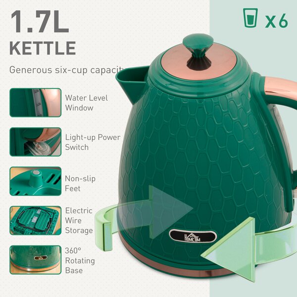 HOMCOM Kettle and Toaster Set, 1.7L 3000W Fast Boil Jug Kettle with 4 Slice Toaster with 7 Level Browning Controls & Crumb Tray, Green Aosom UK