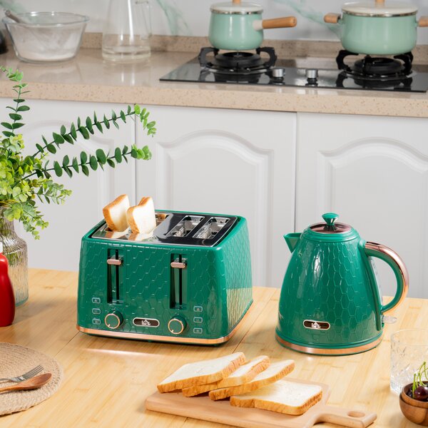 HOMCOM Kettle and Toaster Set, 1.7L 3000W Fast Boil Jug Kettle with 4 Slice Toaster with 7 Level Browning Controls & Crumb Tray, Green Aosom UK