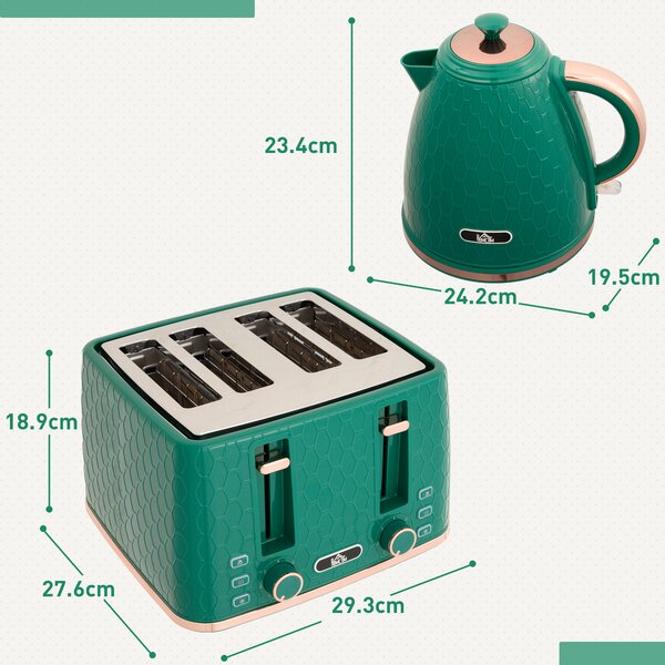 HOMCOM Kettle and Toaster Set, 1.7L 3000W Fast Boil Jug Kettle with 4 Slice Toaster with 7 Level Browning Controls & Crumb Tray, Green Aosom UK