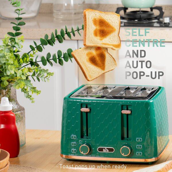 HOMCOM Kettle and Toaster Set, 1.7L 3000W Fast Boil Jug Kettle with 4 Slice Toaster with 7 Level Browning Controls & Crumb Tray, Green Aosom UK