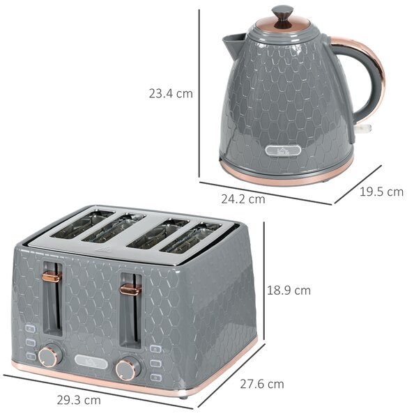 HOMCOM 1.7L 3000W Fast Boil Kettle & 4 Slice Toaster Set, Kettle and Toaster Set with 7 Browning Controls, Crumb Tray, Grey
