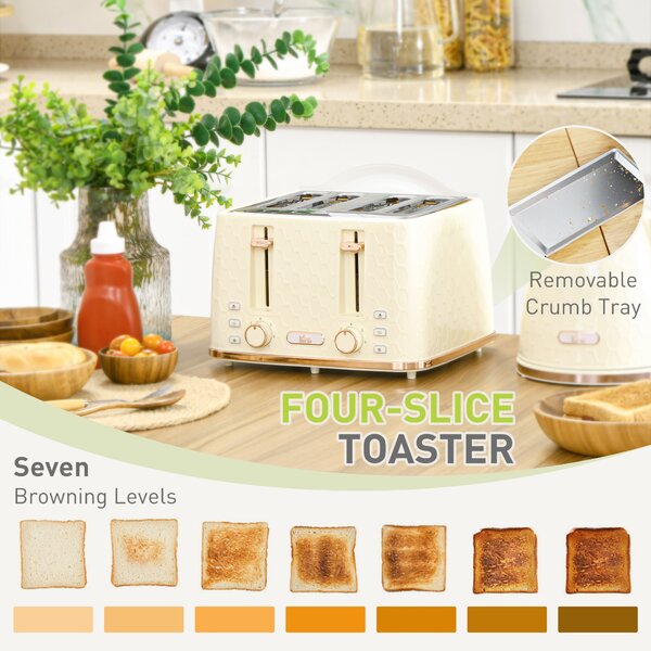 HOMCOM Cream Kettle and Toaster, 1.7L 3000W Fast Boil Jug Kettle w/ Auto Shut Off, 4 Slice Toaster w/ 7 Level Browning Controls Aosom UK