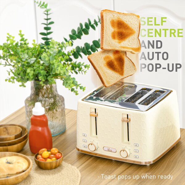 HOMCOM Cream Kettle and Toaster, 1.7L 3000W Fast Boil Jug Kettle w/ Auto Shut Off, 4 Slice Toaster w/ 7 Level Browning Controls Aosom UK