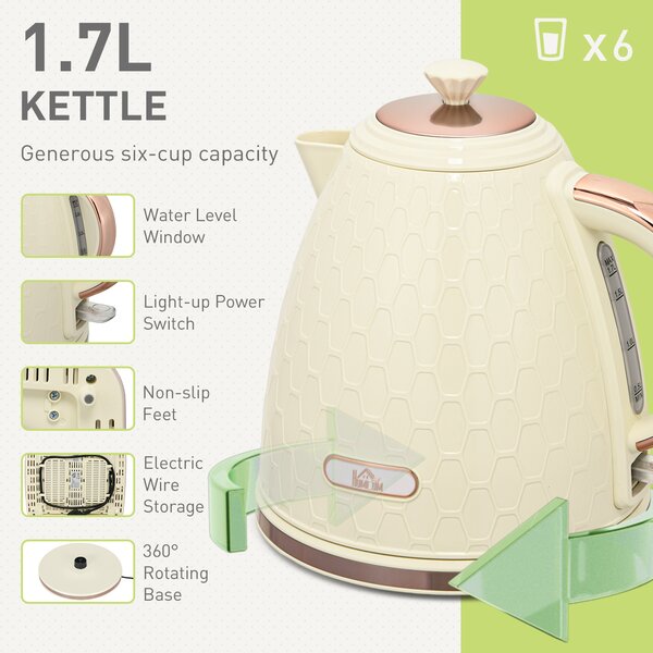 HOMCOM Cream Kettle and Toaster, 1.7L 3000W Fast Boil Jug Kettle w/ Auto Shut Off, 4 Slice Toaster w/ 7 Level Browning Controls Aosom UK