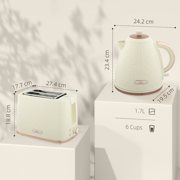 HOMCOM 1.7L 3000W Fast Boil Kettle & 2 Slice Toaster Set, Kettle and Toaster Set with Auto Shut Off, Browning Controls, Beige