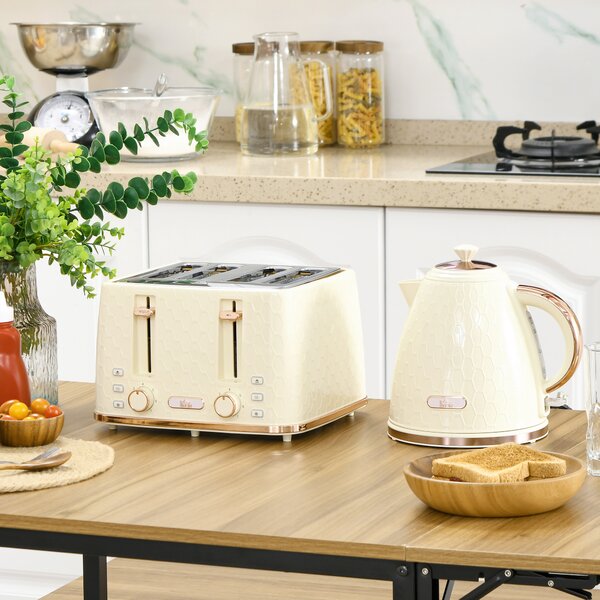 HOMCOM Cream Kettle and Toaster, 1.7L 3000W Fast Boil Jug Kettle w/ Auto Shut Off, 4 Slice Toaster w/ 7 Level Browning Controls Aosom UK
