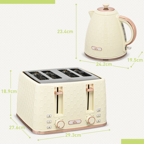 HOMCOM Cream Kettle and Toaster, 1.7L 3000W Fast Boil Jug Kettle w/ Auto Shut Off, 4 Slice Toaster w/ 7 Level Browning Controls Aosom UK