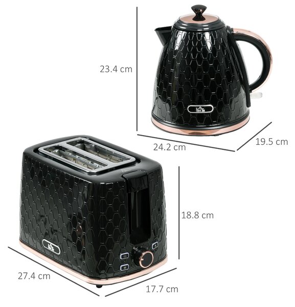 HOMCOM 1.7L 3000W Fast Boil Kettle & 2 Slice Toaster Set, Kettle and Toaster Set with Auto Shut Off, Browning Controls, Black Aosom UK