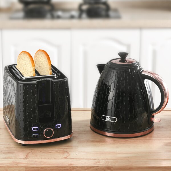 HOMCOM 1.7L 3000W Fast Boil Kettle & 2 Slice Toaster Set, Kettle and Toaster Set with Auto Shut Off, Browning Controls, Black Aosom UK