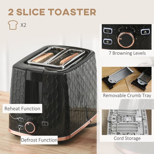 HOMCOM 1.7L 3000W Fast Boil Kettle & 2 Slice Toaster Set, Kettle and Toaster Set with Auto Shut Off, Browning Controls, Black Aosom UK