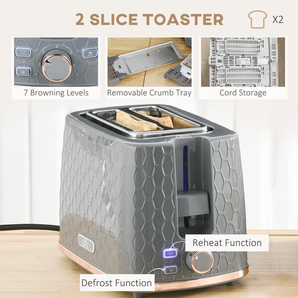 HOMCOM 1.7L 3000W Fast Boil Kettle & 2 Slice Toaster Set, Kettle and Toaster Set with Auto Shut Off, Browning Controls, Grey