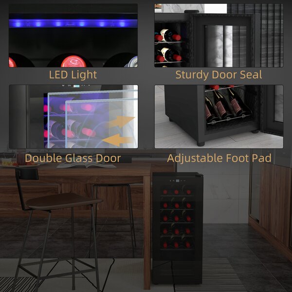 HOMCOM Freestanding Wine Fridge, 35cm Wide Undercounter Wine Cooler Fridge w/ Temperature Control, Digital Touch Screen, LED, Glass Door Aosom UK