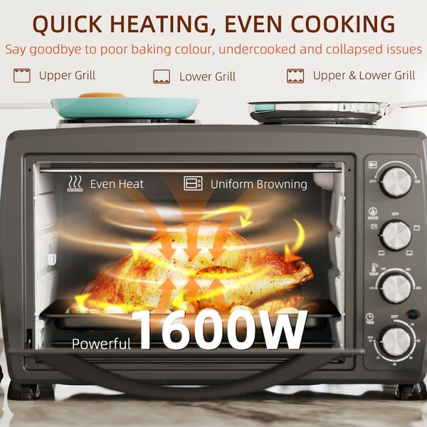 HOMCOM 36L Small Oven with 2 Hot Plates, Countertop Toaster Oven, Grill, Roast, Bake, Boil, with Timer, Adjustable Temperature, 2600W, Black