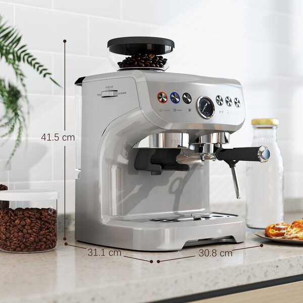 HOMCOM 15 Bar Coffee Machine, with Adjustable Grind, Steamer and Accessories - Silver Colour Aosom UK