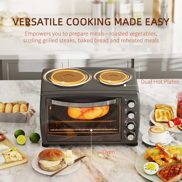 HOMCOM 36L Small Oven with 2 Hot Plates, Countertop Toaster Oven, Grill, Roast, Bake, Boil, with Timer, Adjustable Temperature, 2600W, Black