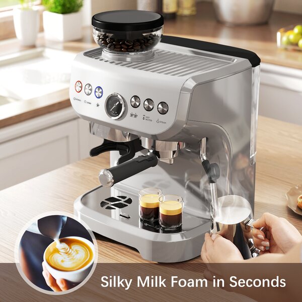HOMCOM 15 Bar Coffee Machine, with Adjustable Grind, Steamer and Accessories - Silver Colour Aosom UK