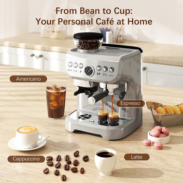 HOMCOM 15 Bar Coffee Machine, with Adjustable Grind, Steamer and Accessories - Silver Colour Aosom UK