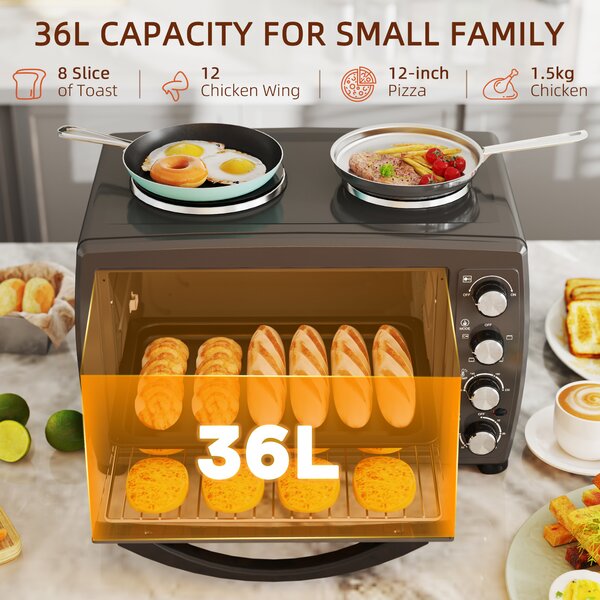 HOMCOM 36L Small Oven with 2 Hot Plates, Countertop Toaster Oven, Grill, Roast, Bake, Boil, with Timer, Adjustable Temperature, 2600W, Black