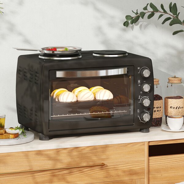 HOMCOM 36L Small Oven with 2 Hot Plates, Countertop Toaster Oven, Grill, Roast, Bake, Boil, with Timer, Adjustable Temperature, 2600W, Black