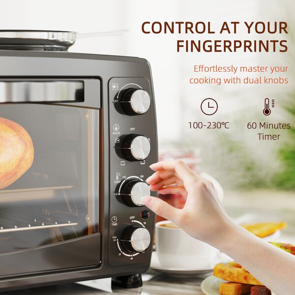 HOMCOM 36L Small Oven with 2 Hot Plates, Countertop Toaster Oven, Grill, Roast, Bake, Boil, with Timer, Adjustable Temperature, 2600W, Black