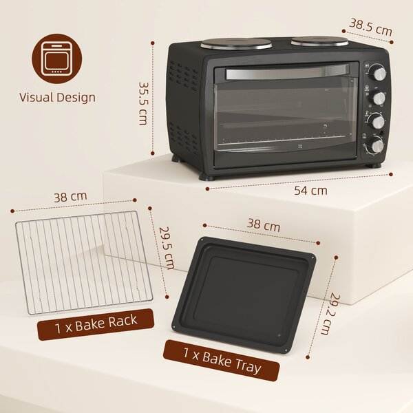 HOMCOM 36L Small Oven with 2 Hot Plates, Countertop Toaster Oven, Grill, Roast, Bake, Boil, with Timer, Adjustable Temperature, 2600W, Black