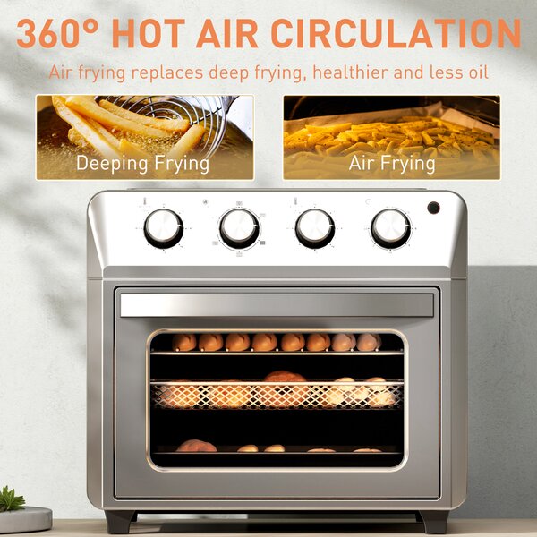 HOMCOM 24L Air Fryer Oven, Mini Oven, Oil Free Cooking, Grill, Roast, Bake, with Adjustable Temperature, Timer, 1600W, Silver Aosom UK