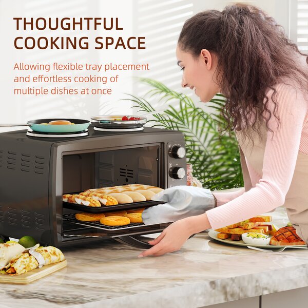 HOMCOM 36L Small Oven with 2 Hot Plates, Countertop Toaster Oven, Grill, Roast, Bake, Boil, with Timer, Adjustable Temperature, 2600W, Black