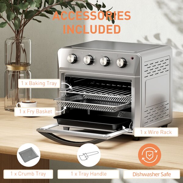 HOMCOM 24L Air Fryer Oven, Mini Oven, Oil Free Cooking, Grill, Roast, Bake, with Adjustable Temperature, Timer, 1600W, Silver Aosom UK