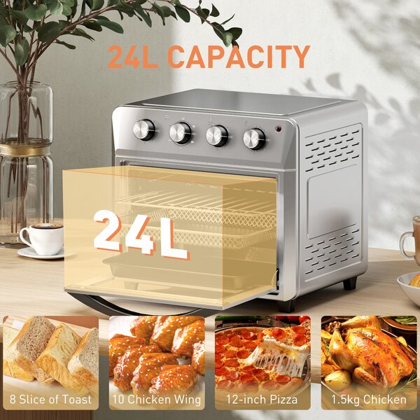 HOMCOM 24L Air Fryer Oven, Mini Oven, Oil Free Cooking, Grill, Roast, Bake, with Adjustable Temperature, Timer, 1600W, Silver Aosom UK