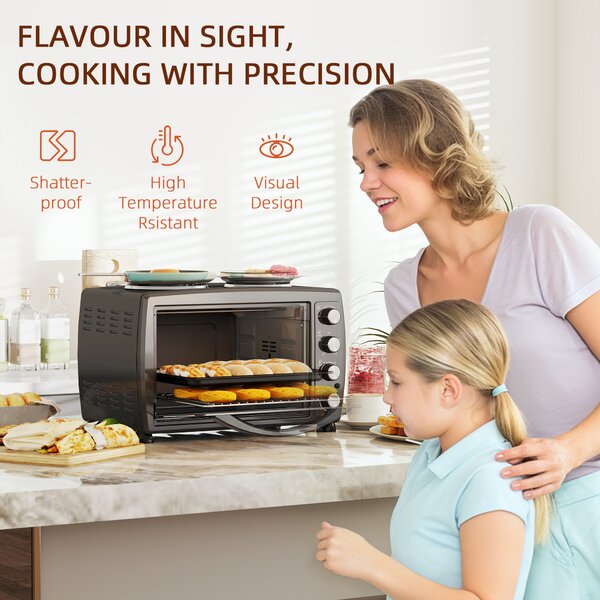 HOMCOM 36L Small Oven with 2 Hot Plates, Countertop Toaster Oven, Grill, Roast, Bake, Boil, with Timer, Adjustable Temperature, 2600W, Black