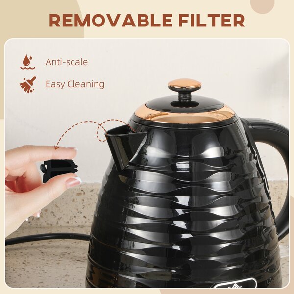 HOMCOM Electric Kettle, 1.7L, Fast Boil, 3kW Water Kettle with Removable Washable Anti-scale Filter, Auto Shut-off, Black Aosom UK