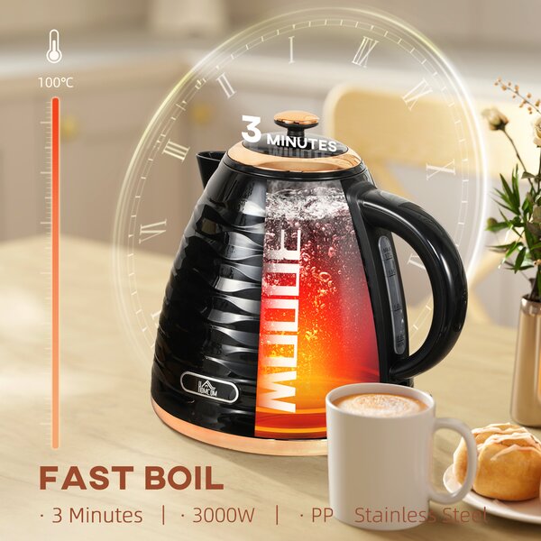 HOMCOM Electric Kettle, 1.7L, Fast Boil, 3kW Water Kettle with Removable Washable Anti-scale Filter, Auto Shut-off, Black Aosom UK