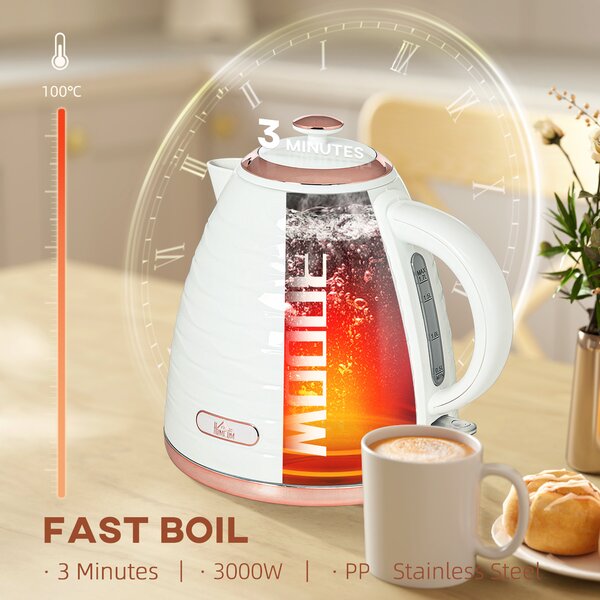 HOMCOM Electric Kettle, 1.7L, Fast Boil, 3kW Water Kettle with Removable Washable Anti-scale Filter, Auto Shut-off, Cream White Aosom UK