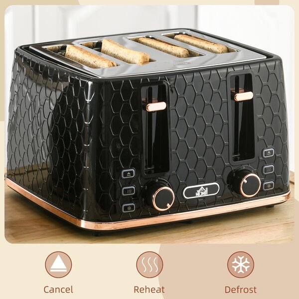 HOMCOM 4 Slice Toaster with 7 Browning Levels, High Lift, Reheat/Defrost/Cancel, Self-centring Function, Auto Off, 1600W, Black