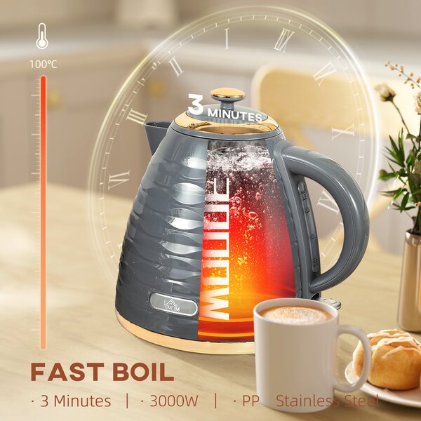 HOMCOM Electric Kettle, 1.7L, Fast Boil, 3kW Water Kettle with Removable Washable Anti-scale Filter, BPA Free, Grey Aosom UK