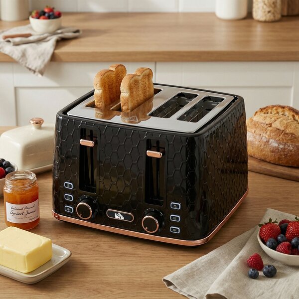 HOMCOM 4 Slice Toaster with 7 Browning Levels, High Lift, Reheat/Defrost/Cancel, Self-centring Function, Auto Off, 1600W, Black