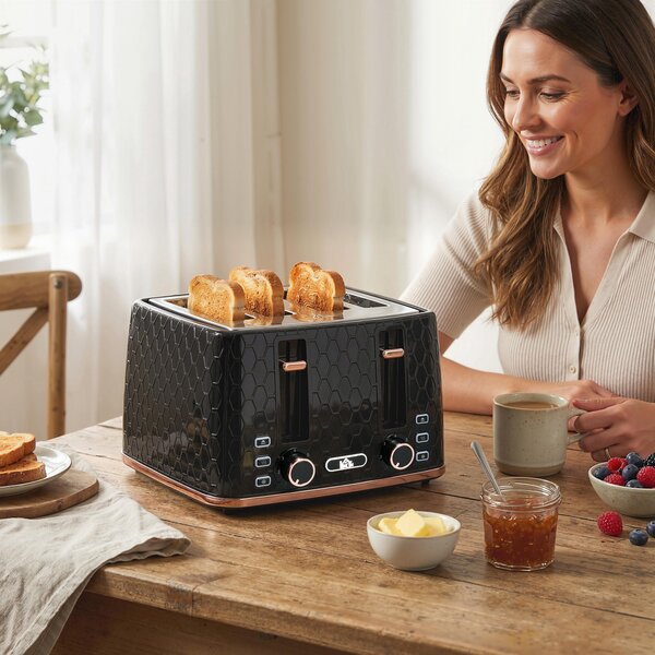 HOMCOM 4 Slice Toaster with 7 Browning Levels, High Lift, Reheat/Defrost/Cancel, Self-centring Function, Auto Off, 1600W, Black