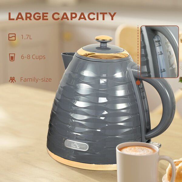 HOMCOM Electric Kettle, 1.7L, Fast Boil, 3kW Water Kettle with Removable Washable Anti-scale Filter, BPA Free, Grey Aosom UK