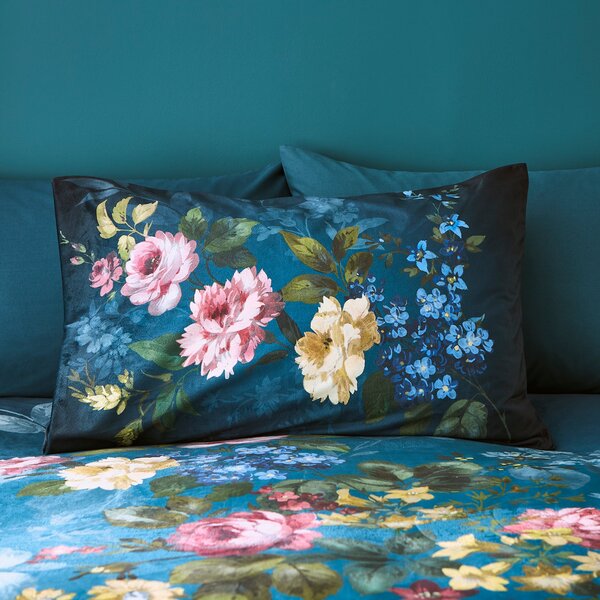 Arabella Blue Floral Luxury Velvet Duvet Cover & Pillowcase Set