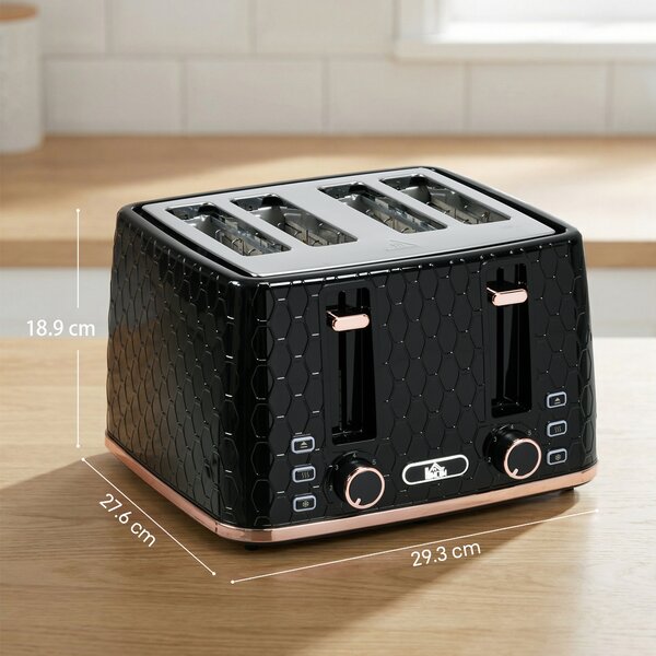 HOMCOM 4 Slice Toaster with 7 Browning Levels, High Lift, Reheat/Defrost/Cancel, Self-centring Function, Auto Off, 1600W, Black