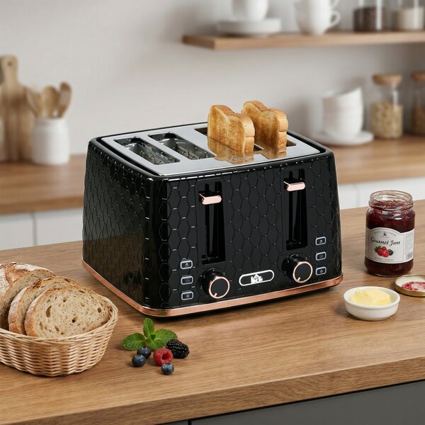 HOMCOM 4 Slice Toaster with 7 Browning Levels, High Lift, Reheat/Defrost/Cancel, Self-centring Function, Auto Off, 1600W, Black