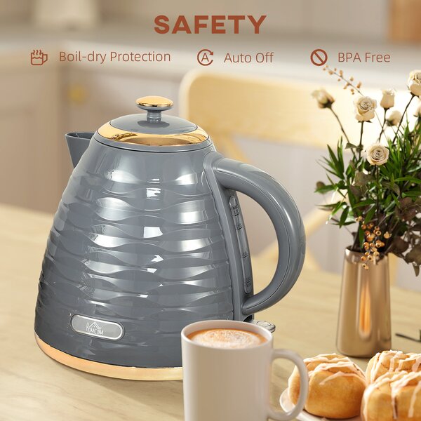 HOMCOM Electric Kettle, 1.7L, Fast Boil, 3kW Water Kettle with Removable Washable Anti-scale Filter, BPA Free, Grey Aosom UK