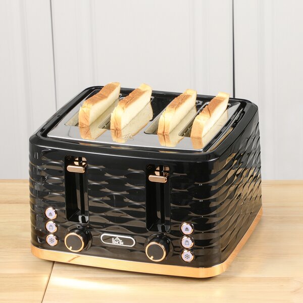 HOMCOM 4 Slice Toaster with 7 Browning Levels, High Lift, Self-centring Function, Removable Crumb Tray, 1600W, Black Water Ripple Texture